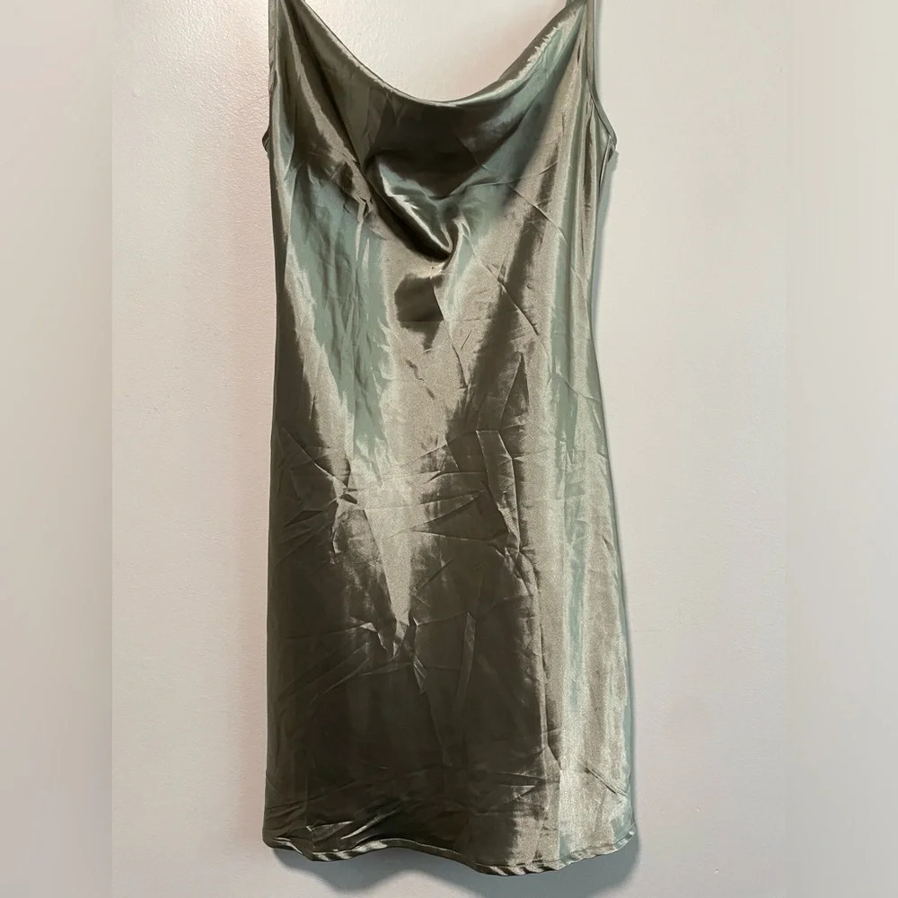Olive Green Cowl Neck Satin Cami  Slip Dress - L - Picture 4 of 7